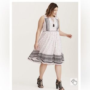 GEO PRINT EMBROIDERED CHIFFON MIDI DRESS